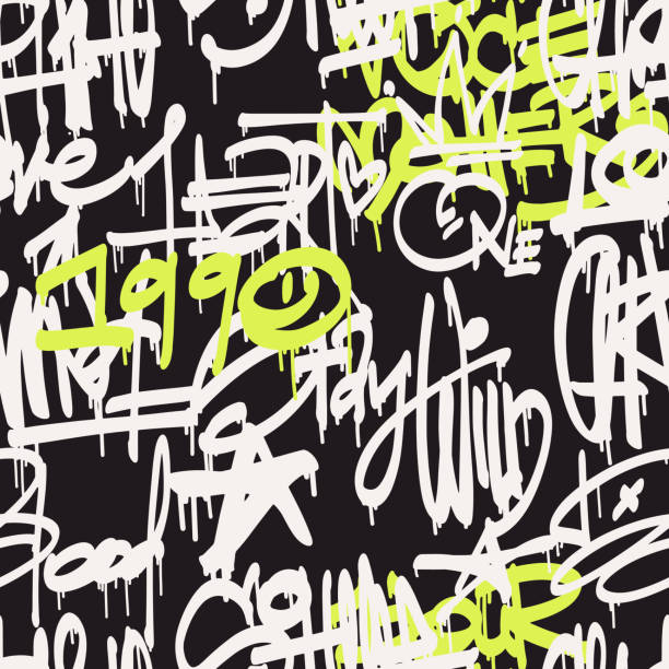 istock Urban typography seamless pattern with street art graffiti slogan print. Abstract graphic underground unisex design for t-shirts and sweatshirt. Black and white street print with neon spray effect 1478149587