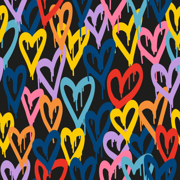 그래피티 하트. 거리 예술 스타일의 도시 원활한 패턴입니다. 추상 인쇄. 밝은 네온 색상의 티셔츠와 스웨트셔츠를 위한 그래픽 지하 유니섹스 디자인. - paintings valentines day love square stock illustrations