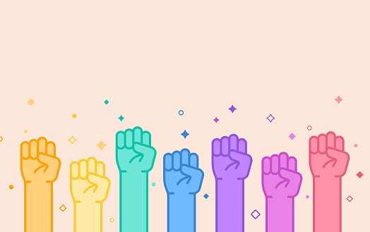 LGBTQIA+ hands raised power fist human rights power protest design background.