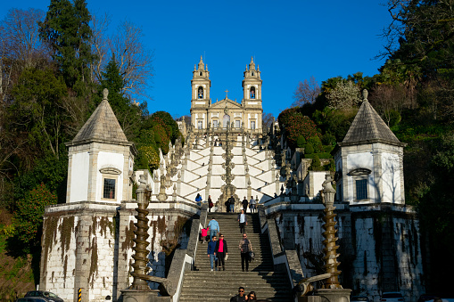 Braga, Portugal. February 11, 2023. Stairway and church of Bom Jesus do Monte Sanctuary