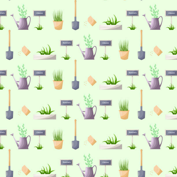 ilustraciones, imágenes clip art, dibujos animados e iconos de stock de patrón sin costuras. pala de herramientas de jardinería y agricultura, regadera, letrero. cultivo de plantas en macetas, plántulas. ilustración vectorial de imágenes prediseñadas aislada sobre fondo blanco - trowel watering can dirt shovel