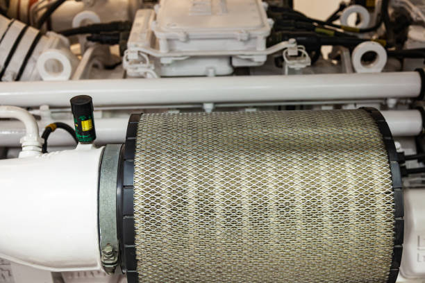 Inside the luxury yacht is a brand new marine engine with an air filter.
