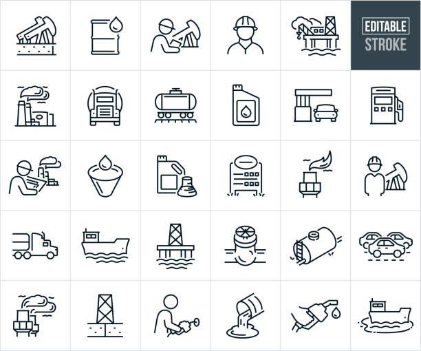 ilustrações, clipart, desenhos animados e ícones de ícones de linha fina da indústria de petróleo e produção de petróleo - curso editável - fuel tanker transportation symbol mode of transport