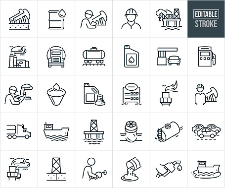 A set of petroleum and oil production icons that include editable strokes or outlines using the EPS vector file. The icons include pump jacks pumping oil from ground, oil barrel full of oil, engineer inspecting a pump jack, petroleum engineer wearing hardhat, offshore oil platform, oil refinery, oil tanker, oil rail tank car, quart of oil, car at gas station, gas pump, engineer reviewing plans at oil refinery, funnel with oil, traffic on road, gas station sign, smoke stack, oil tanker, oil well, petroleum pipeline, oil storage tank, person pumping gas, oil from pipeline spilling on ground, hand holding gas pump and a oil spill in the ocean.