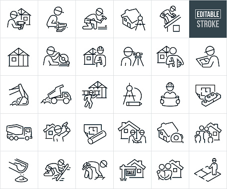 A set of new home construction icons that include editable strokes or outlines using the EPS vector file. The icons include a construction worker sawing wood, construction worker building a house using a nail gun, building construction worker hammering nails, newly constructed house, house with drawing compass, construction worker installing a new roof on a house, house being built, construction engineer with blueprint, surveyor surveying, construction engineer reviewing blueprints to house, excavator scooping dirt, dump truck hauling dirt, person working carrying ladder to house construction site, drawing compass, bricks and floor plan, cement truck, family standing in front of their newly constructed house, construction worker working with cement, newly constructed house with sale sign, couple standing in front of their newly constructed home and other related icons.