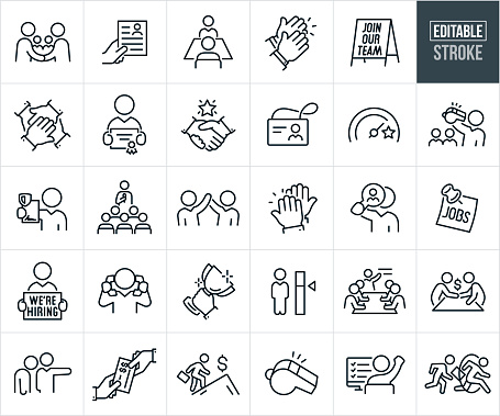 A set of human resources icons that include editable strokes or outlines using the EPS vector file. The icons include an human resources manager shaking the hands of a new hire, hand holding a resume, business person in an interview with an HR manager, business hands clapping, join our team sign, business hands stacked on top of each other, businessman receiving an award of recognition, business award offered with a handshake, employee name badge, employee performance meter, human resources specialist blowing whistle with employees in background, worker holding a form indicating company compliance, human resources in a meeting with co-workers, business person being recognized for a job well done, business hands giving each other a high-five, recruiter using a magnifying glass to find new hire, post note with the word JOBS written on it, employment manager holding a sign reading 