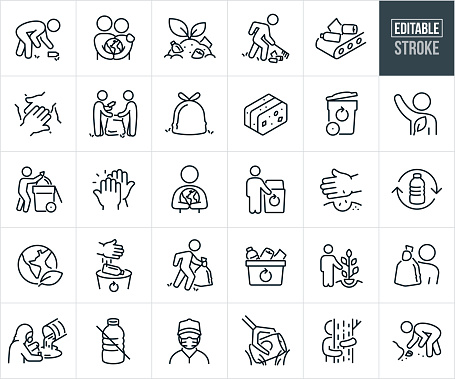 A set of environmental cleanup and conservation icons that include editable strokes or outlines using the EPS vector file. The icons include a person picking up trash, couple holding the earth in arms, mound of trash with plant growing from it, person raking up trash, conveyor belt with recyclables, hands stacked on top of each other to represent environmental cleanup teamwork, two people holding a trash bag and picking up trash in the outdoors, trash bag full of garbage, compacted trash, recycle garbage can, environmentalist volunteering to cleanup environment, person putting trash bag in garbage can, two people giving each other a high-five, person holding the earth, person pointing to recycle bin, hand planting seeds for environmental conservation, plastic bottle being recycled, planet earth with a leaf, hand throwing trash into recycle bin, person carrying a trash bag from trash picked up in the outdoors, recycle bin full of recyclables, person planting a tree, person holding up a bag full of garbage, scientist in a hazmat suit collecting samples from a waste pipe, plastic water bottle with a strike through to represent no plastic, person cleaning up wearing a face mask, grabber picking up a disposed of soda can, person hugging a tree and a person picking up trash on the beach.