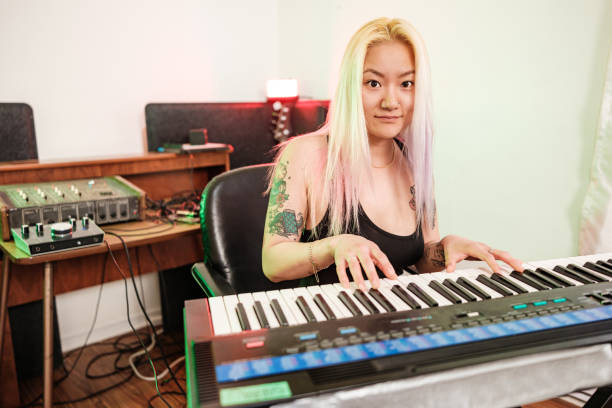 istock Female Korean Musician practising at home recording studio 1478161995