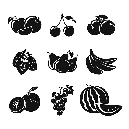 Set of various fruits and berries. Vector black silhouettes of fruits and berries isolated on a white background