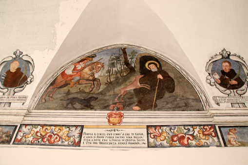 Monopoli, metropolitan city of Bari, Apulia, Italy - 26 march 2023: cycle of frescoes in the cloister of the church and convent of San Francesco da Paola