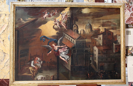 Monopoli, metropolitan city of Bari, Apulia, Italy - 26 march 2023: Cathedral Basilica Maria Santissima della Madia - The pictorial cycle, created around 1732 by Michelangelo Signorile from Bari, commissioned by Bishop Iorio, recalls, with four paintings, the story of the coming of the Icon of the Madonna