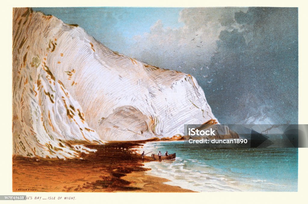 Scratchell's Bay a bay on the south west coast of the Isle of Wight, White chalk cliff, Victorian landscape art Vintage illustration of Scratchell's Bay a bay on the south west coast of the Isle of Wight, White chalk cliff, Victorian landscape art Antique stock illustration