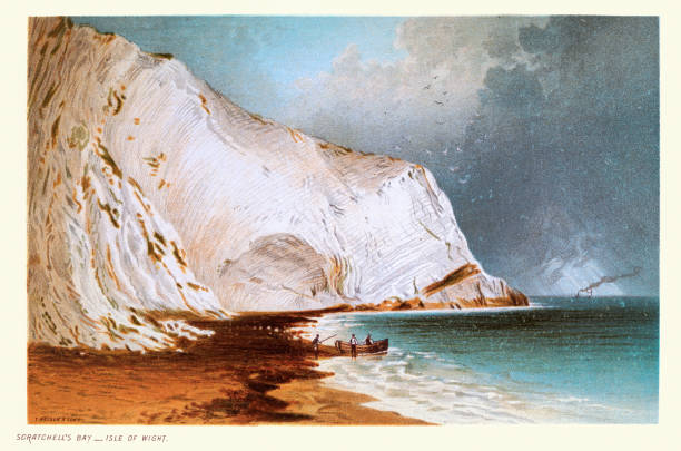 Scratchell's Bay a bay on the south west coast of the Isle of Wight, White chalk cliff, Victorian landscape art vector art illustration