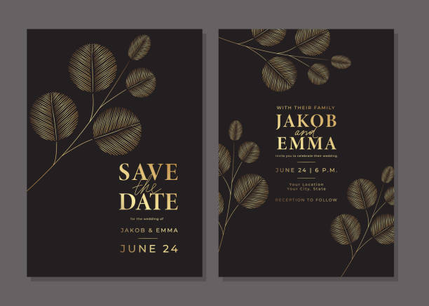 ilustrações de stock, clip art, desenhos animados e ícones de set of luxury golden wedding invitation cards - leaf black background line art nature