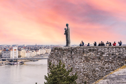 Budapest, Hungary. February 28, 2023: Virgin Mary Statue  located in the Buda Castle and erected in 2013.
