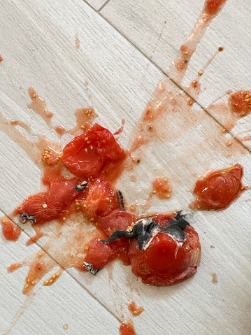 Smashed rotten tomato on a kitchen floor