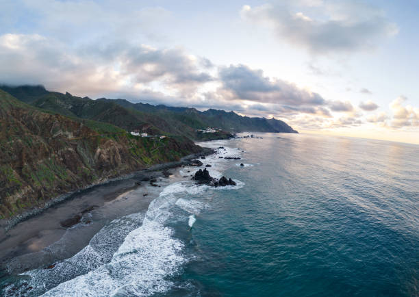 Panoramic aerial view of Playa de Benijo at sunset. Tenerife, Canary Islands Panoramic aerial view of Playa de Benijo at sunset. Tenerife, Canary Islands. High quality photo teno mountains photos stock pictures, royalty-free photos & images