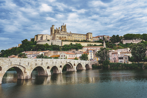 Beziers Cathedral with Pont Vieux and Orb river France