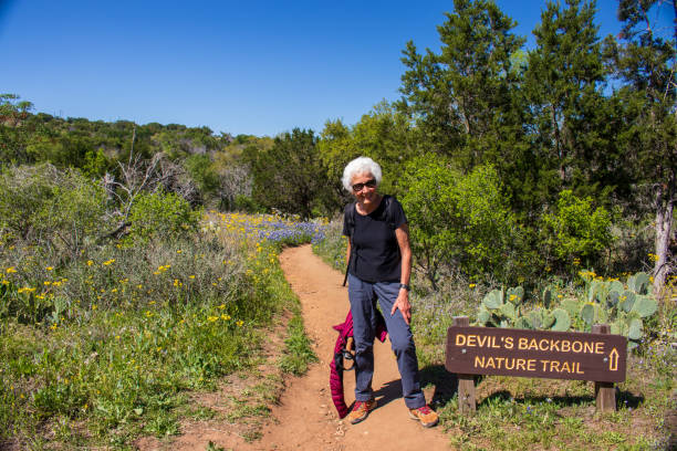 Woman next to trail marker