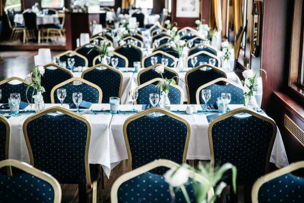 Elegant dining room with a beautiful table arranged for a ceremony