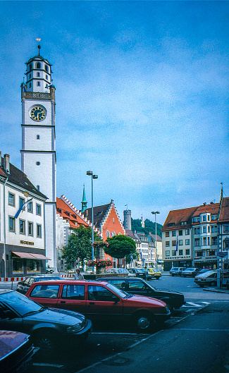 1989 old Positive Film scanned, Marienplatz view,  Old tower Blaserturm and the historic houses, Ravensburg, Germany.