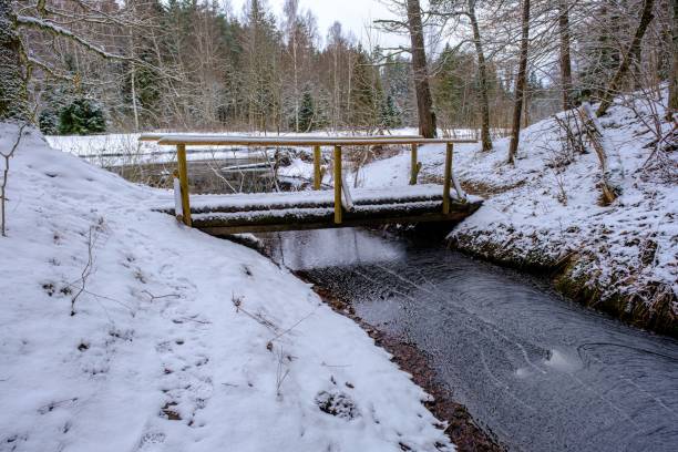 istock Snow-covered wooden bridge over a small river. 1478183138