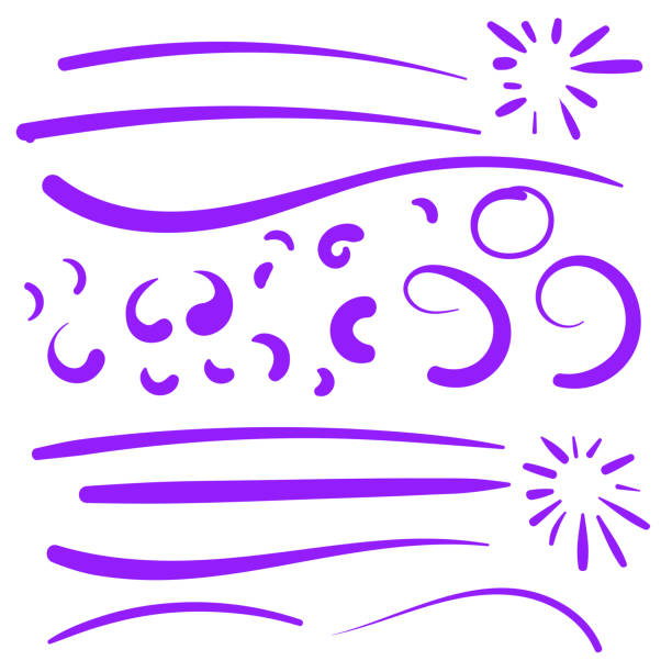 fioletowe wiry swoosh marks z wektorowym ręcznie rysowanym zakreślaczem accent line designs - underscore stock illustrations