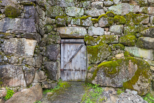 Europe, Portugal, Soajo. A wooden door in an old stone wall.
