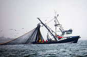 fishing boat with nets deployed