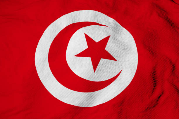 Full frame close-up on a waving Tunisian flag in 3D rendering.