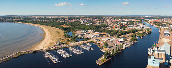 Aerial view of the coastal city of Halmstad in summer in the Halland province of Sweden.