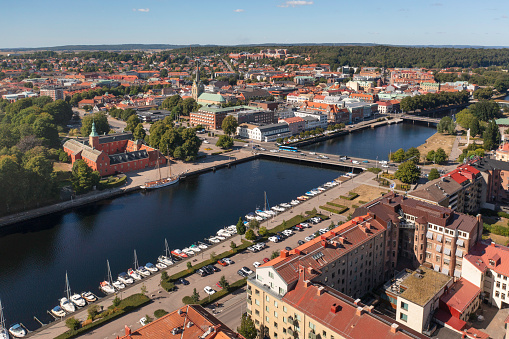 Aerial view of downtown Halmstad in summer in the Halland province of Sweden.