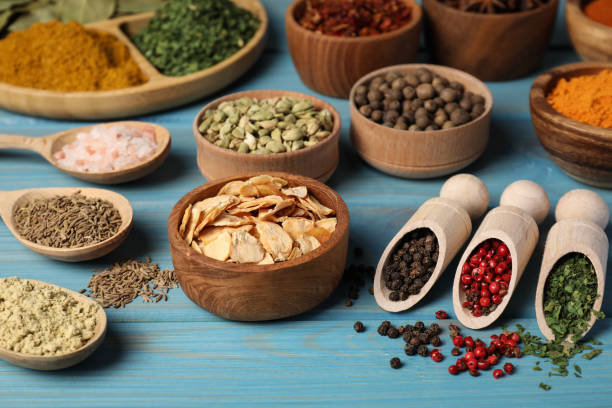 istock Many different spices on light blue wooden table 1478192777