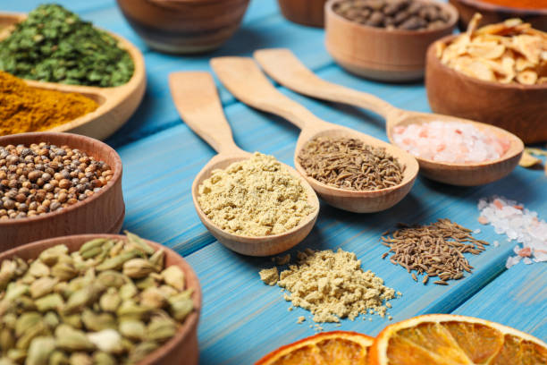 istock Many different spices on light blue wooden table 1478192927