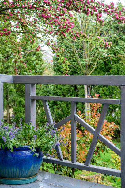 istock terrace area with a gray railing and a blue flower pot. 1478195155