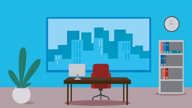 Vector illustration of Workplace flat color vector illustration with city view on the background.