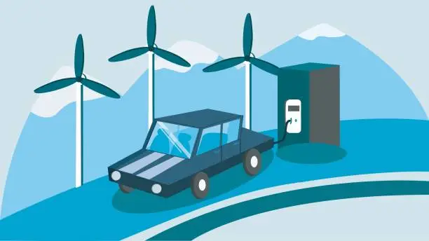 Vector illustration of Electric car on charge stock illustration. Renewable energy sources. Clean energy.