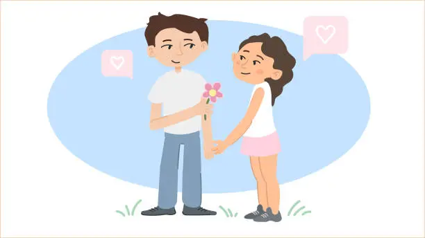 Vector illustration of Couple illustration with giving flower and staring themselves with love. Valentine's day gift concept.