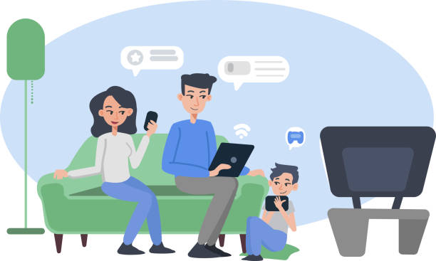 Technologic family vector in the living room. Addict family. family at home vector illustration. Cartoon flat adult characters and child sitting together and using technologic devices in living room. Mother holding a phone. Father using laptop or tablet and connected to internet. Their son holding tablet and playing game. Family relax in evening time background. There is TV but no one is watching. Addict family. computer addiction stock illustrations