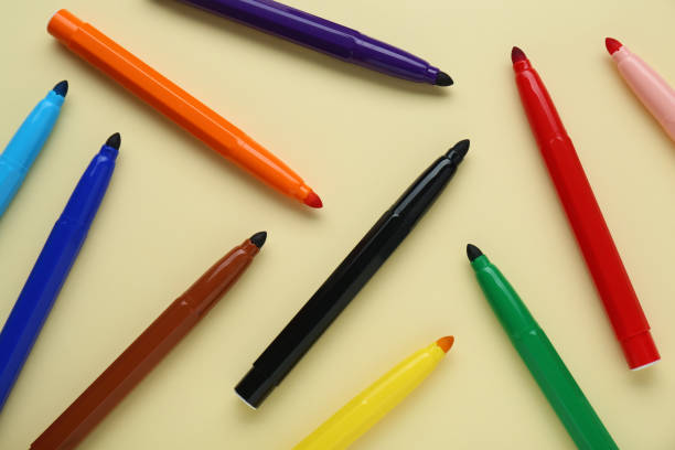 istock Many different colorful markers on beige background, flat lay 1478198861
