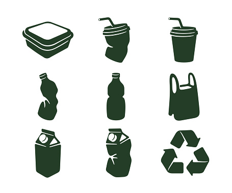 Set of vector icons, recycling, environment, ecology and environmental pollution. Plastic packaging and box, plastic bottle and cup, plastic bag, garbage and crumpled, graphic design and illustration