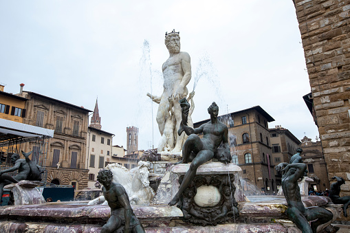 Fountain of Neptune is in the Florence, Italy. Piazza della Signoria. It was sculpted by Bartolomeo Ammannati and Giambologna between 1563 and 1565.