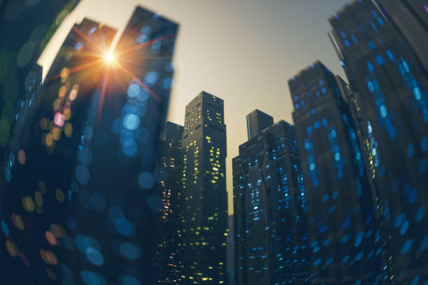 istock Futuristic defocused city skyscrapers at sunset 1478202904