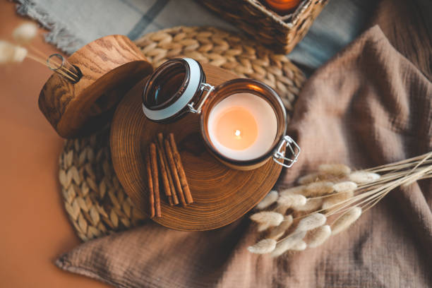 istock Burning candle in home interior, aesthetics 1478202952