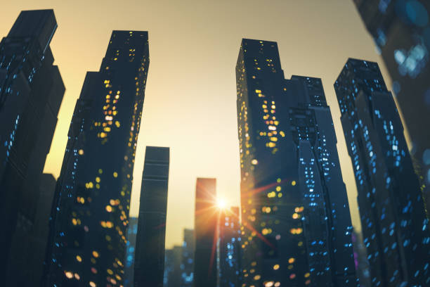 istock Futuristic defocused city skyscrapers at sunset 1478202971
