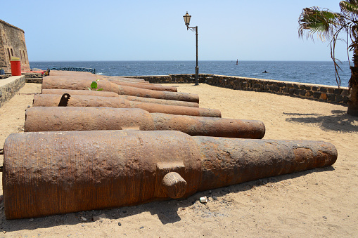 Gorée Island, Dakar, Senegal: large French guns outside Estrées Fort, a 19th century French circular artillery bastion, named after Vice-Admiral Jean II d'Estrées, who took the island from the Dutch in 1677. After independence it became a prison - UNESCO World Heritage Site