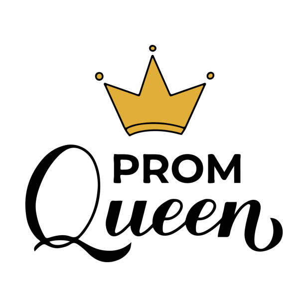 Prom queen calligraphy hand lettering with gold crown. Funny graduation quote typography poster.  Vector template for greeting card, banner, sticker, label, shirt, etc Prom queen calligraphy hand lettering with gold crown. Funny graduation quote typography poster.  Vector template for greeting card, banner, sticker, label, shirt, etc. prom queen stock illustrations