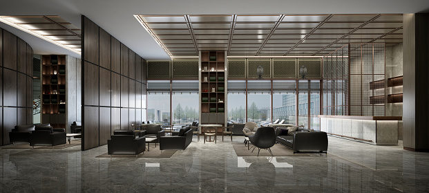 Digitally generated image of the luxurious hotel lobby. Interior of a hotel waiting lounge with sofa and armchair.