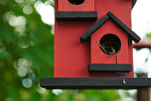 close up of Black and red hanging birdhouse with tiny twigs sticking out.