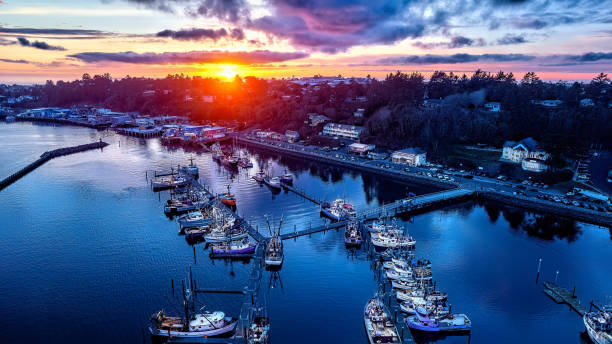 yaquina bay newport oregon sonnenuntergang drohne foto fischerboote 306 - newport oregon stock-fotos und bilder